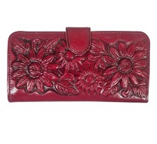 Vtg Red Tooled Leather Sunflower Womens Embossed Clutch Wallet Mexico 8" x 4"
