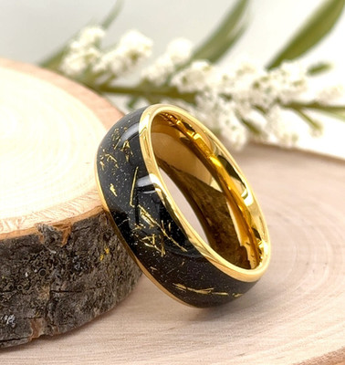 Yellow Gold Tungsten Wedding Ring 8MM Black With Gold Meteorite Inlay Band