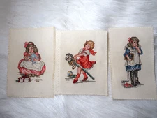 VINTAGE SET OF 3 COMPLETED CROSS STITCH MOTHER SCHOLAR GIRLS YESTERYEAR UNFRAMED