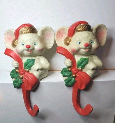 Vntg Christmas Stocking Hangers PVC 2 White Mice Mouse Red Bow Holly Bradford
