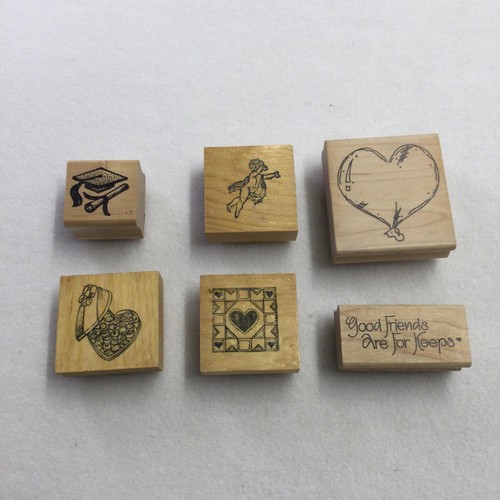 Rubber Wood Mounted Stamps Lot 6 Hearts Girl Quilt Good Friends Craft Art