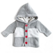Hanna Andersson Sherpa Knit Hoodie Cardigan Jacket Gray Red Stripe 3-6 mos Girl
