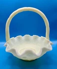 Vintage Fenton Uranium Glass Basket Custard Satin Ruffled Handle Berry Lace Glow