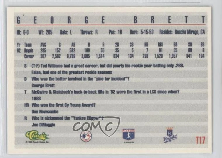 1993 Classic Update Blue Travel Edition George Brett #T17 HOF - Image 2 of 2