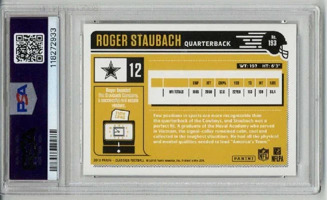 2018 PANINI CLASSICS #193 ROGER STAUBACH CARD DALLAS COWBOYS PSA 10 LOW POP RARE - Image 2 of 2