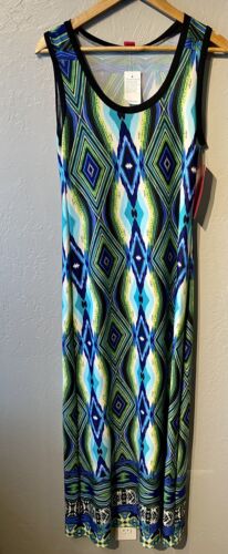 New Sunny Leigh Geometric Blue Maxi Dress Womens M