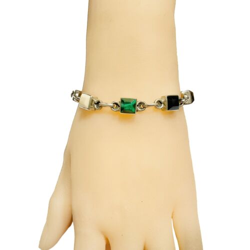Vintage Taxco Mexico Multi Stone Link Bracelet Square Sterling Silver 7.5"