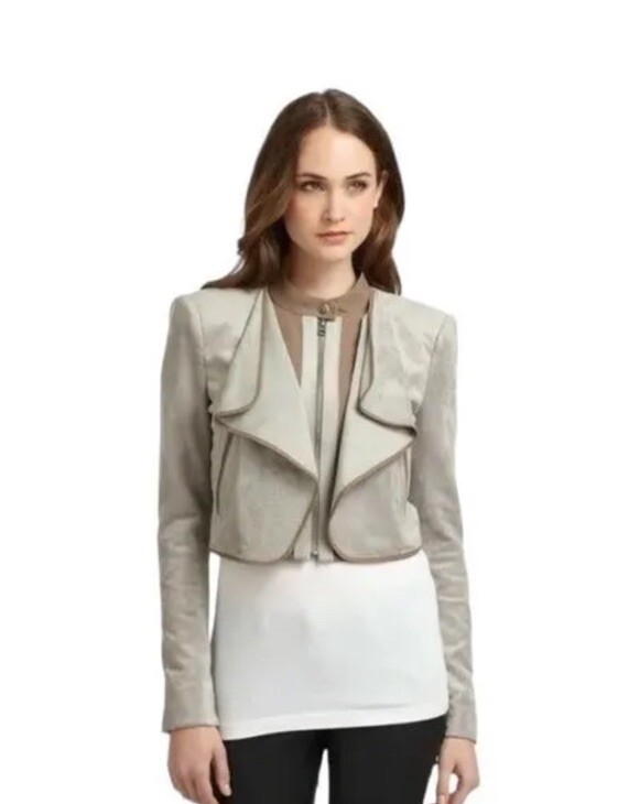 BCBG Maxazria  Womens SMALL Taupe Faux Suede  Ruffle Zip Crop Jacket