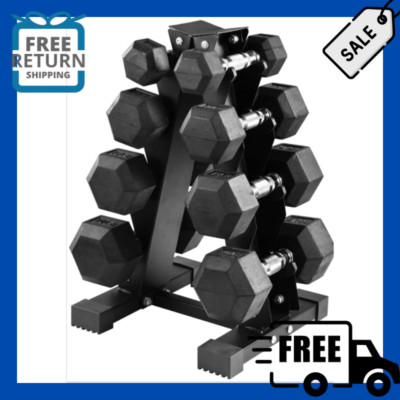 NEW Rubber Coated Hex Dumbbell Weight Set with A-Frame Rack, 5-20 lbs Pairs