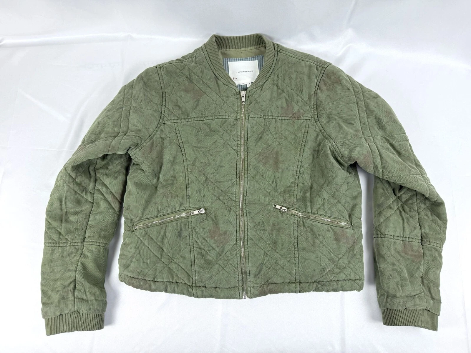 VALENTINO Giacca Bomber Anthropologie Valentina Oliva Scura Trapuntata Verde Floreale Taglia M