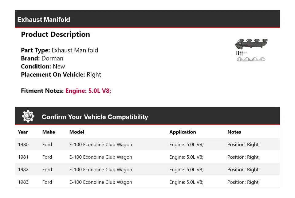 For 1980-1983 Ford E-100 Econoline Club Wagon 5.0L V8  Dorman Exhaust Manifold - Image 2 of 4
