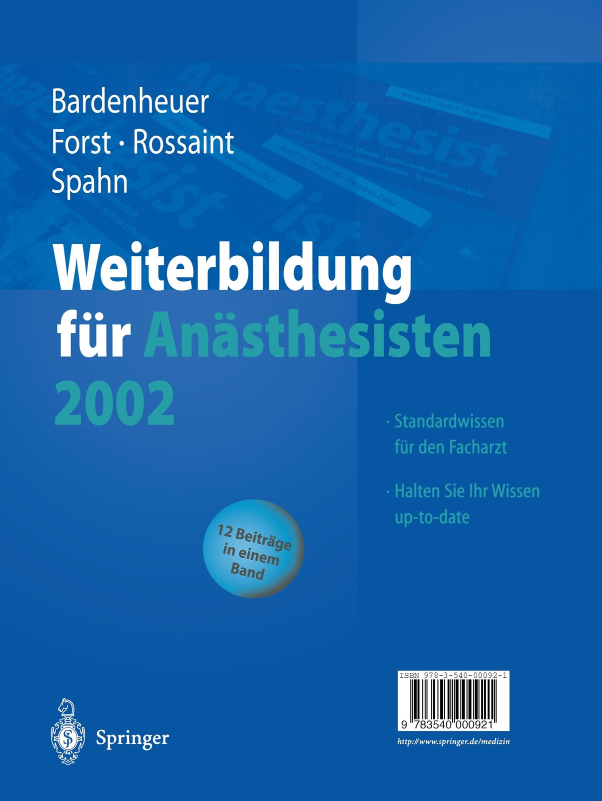 Thumbnail - Weiterbildung Für Anästhesisten 2002 | Buch | 9783540000921