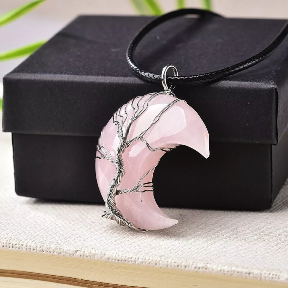 5pcs Tree of Life Rose Quartz Crystal Pendant with Moon Shape Girl Gift