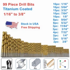 99PCs Drill Bit Set 1/16"-3/8" HSS Titanium Multi Drill Bits Twist Wood Metal