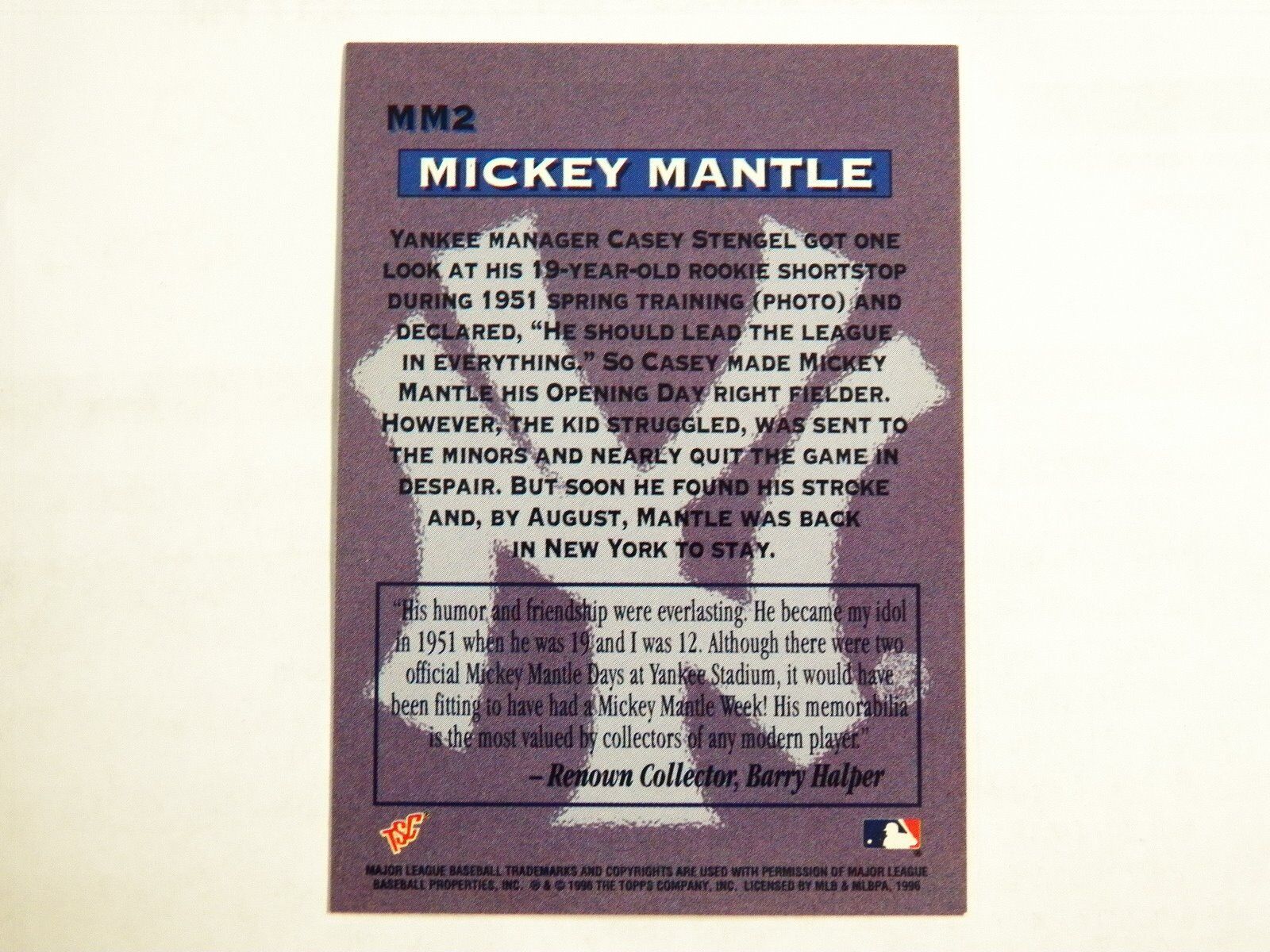  1996 Stadium Club Mantle Baseball Card #MM2 Mickey Mantle :  Collectibles & Fine Art