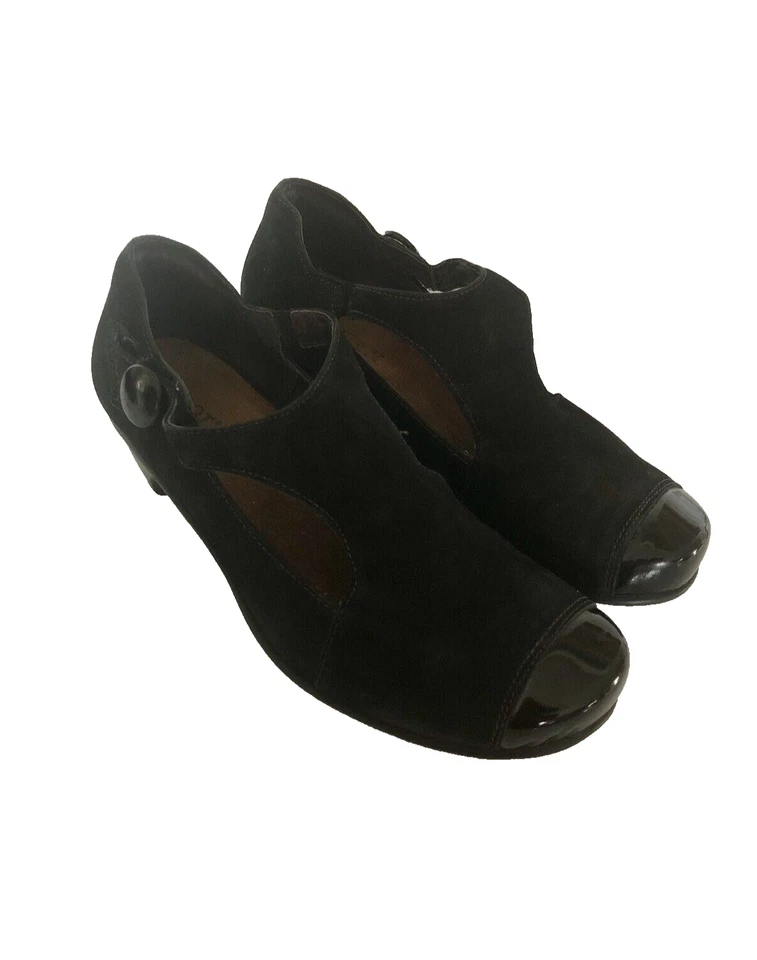 Salto cunha recortado couro camurça preto NAOT EUA 6 EUC - Imagem 2 de 4