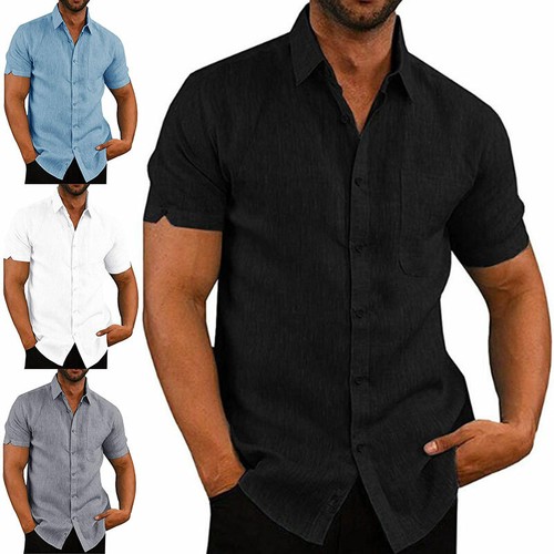 Mens Retro Short Sleeve Linen Shirts 