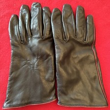 Vintage Fleece Lined Black Leather Gloves Brown Trim Size 7 Small/Medium  G27