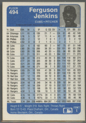 1984 Fleer #494 Fergie Jenkins Chicago Cubs Hall-of-Fame | eBay