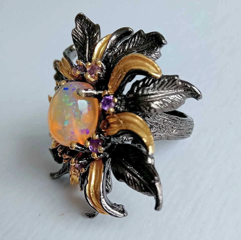 ANELLO ARGENTO ST. 925 BRUNITO E DORATO CON OPALE DI WELO E AMETISTE NATURALI - Immagine 3 di 4