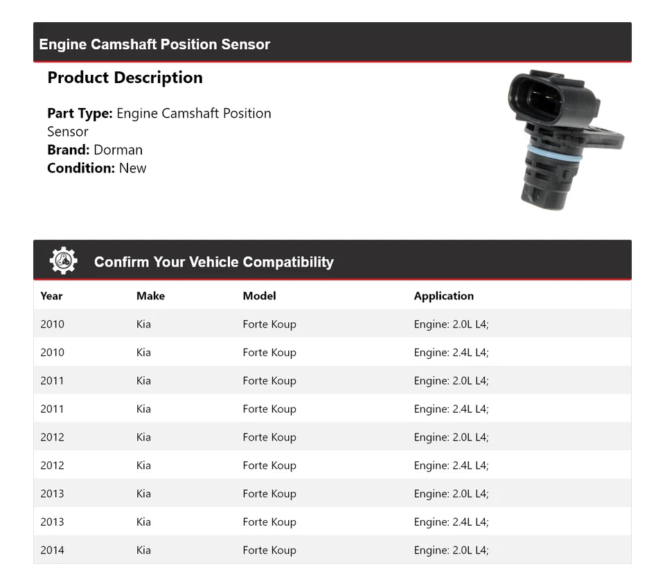 Sensor de posición del árbol de levas del motor Kia Forte Koup Dorman 2010-2014 2011 2012 Foto 2 de 4