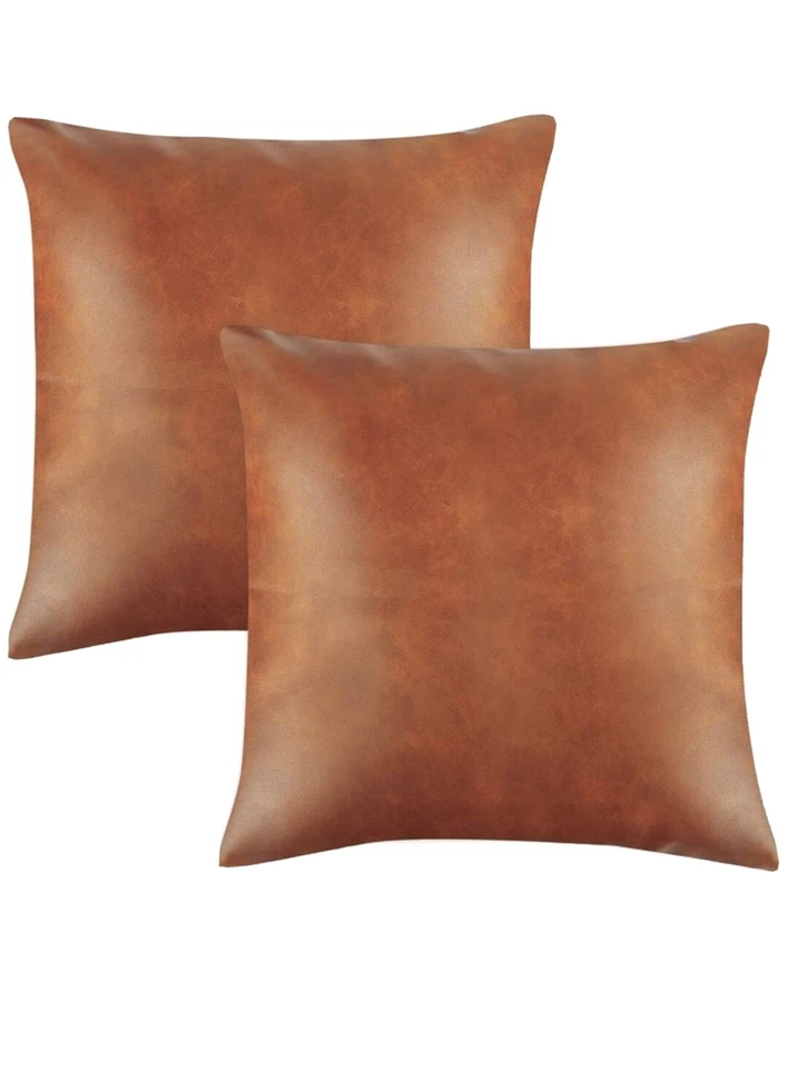 Faux Leather Throw Pillow Covers, Set of 2 Brown Modern Couch Cushion Covers - Image 2 of 4