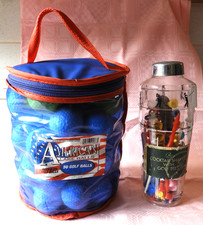 American Lake Balls Blue Mesh Bag - 46 assorted Golf Balls & cocktail shaker