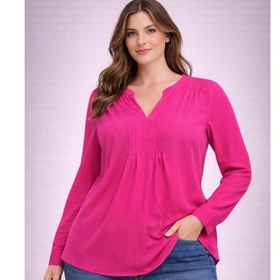 Talbots Woman Fuchsia Pink Split V-Neck Long Sleeve Pleated Blouse Size X Plus