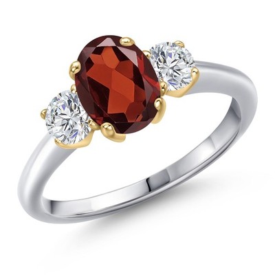 925 Silver and 10K Yellow Gold Garnet and Lab Grown Diamond Engagement Ring For