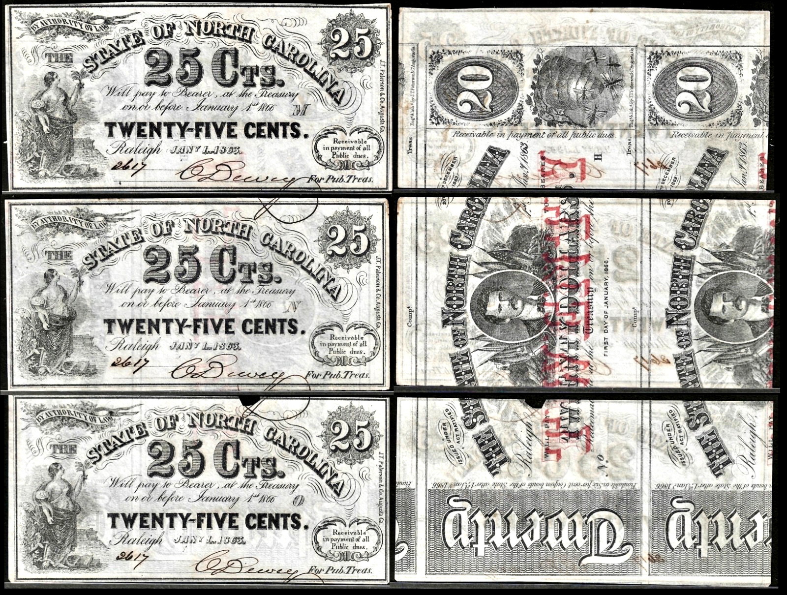 Cut Sheet Of (20) Jan 1, 1863 Raleigh NC State of North Carolina 25¢ S/N 2617