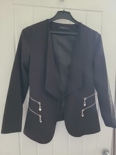 Black BLAZER with Zip Detail Waterfall Lined Size Small (10UK) VGC Women's Smart