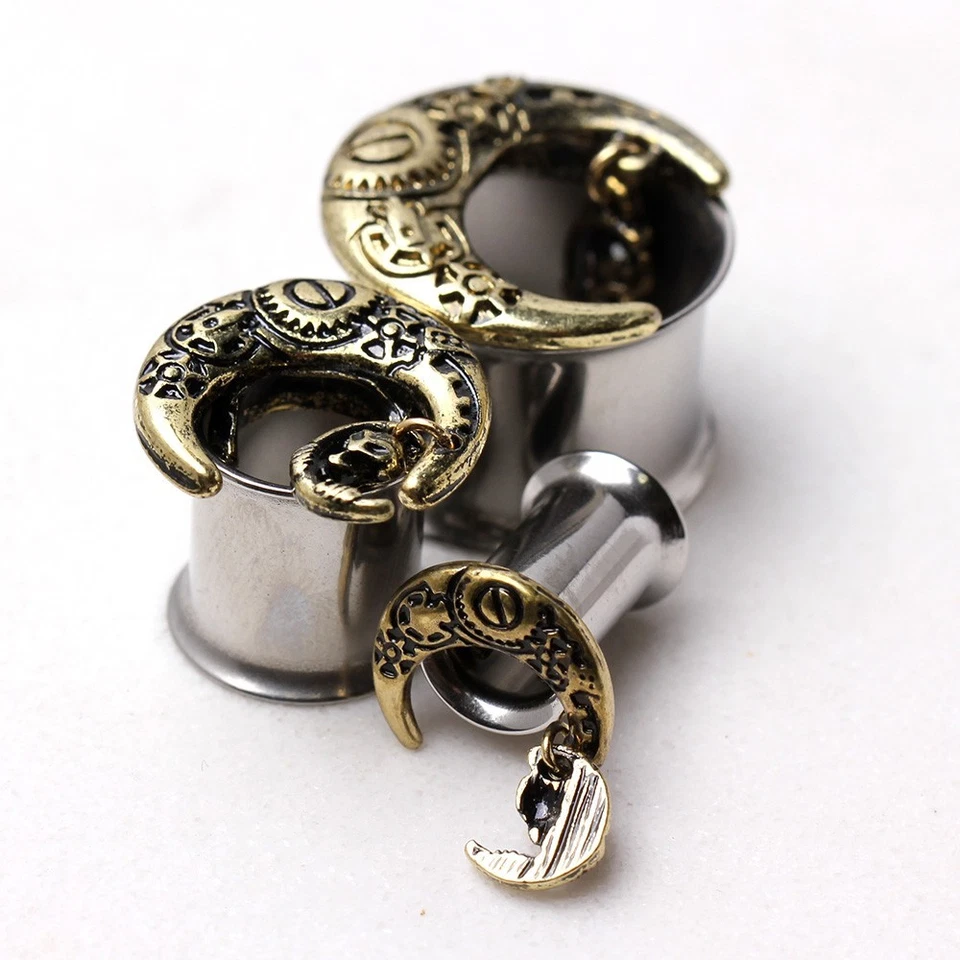 PAIR of Gold Plated Steam Punk Crescent Moon Tunnel Plug with Alien Dangle - Image 2 of 4