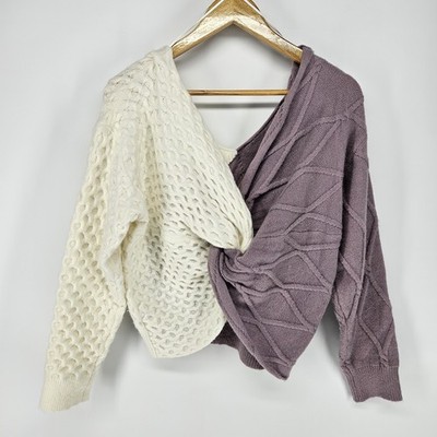 Debut Sweater Womens M/L Purple Cream Two Tone Twist Front Cable Knit Pullover