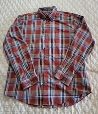 Van Heusen Men's Long Sleeve Dress Shirt Red/Blue Plaid Lg 16/16.5