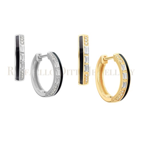0.16 Ct Diamond & Black Enamel Hoop Earrings 14k White Gold Natural Baguette - Picture 12 of 25
