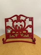 Red Cast Iron Enamel Cook Book, Book, Bible Holder Easel Stand Scroll Decor