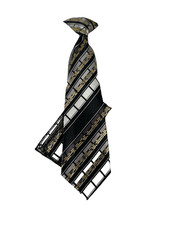 Karl Knox Boy's Clip-on Tie Hanky Black Gold White Plaids Polyester 10" Long
