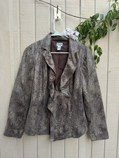 Chico's Animal Print Ruffle Front Lined Jacket Hook Eye Brown/Beige Sz 2