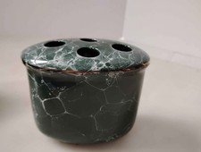 Toothbrush Holder Oblong Shaped Ceramic Faux Marble Green  White Gold Trim New