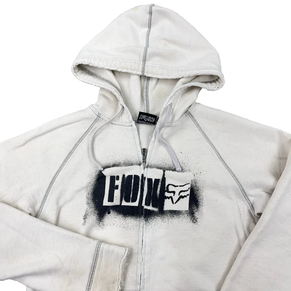 Vintage Y2K Fox Hoodie Women Small White Full Zip Sweatshirt Jacket Grunge Worn - Image 2 of 4