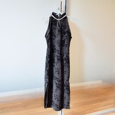 Black Flocked Flora Halter Neck Qipao Midi Dress - Chinese Cheongsam