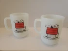 Snoopy Dog Mug I Think Im Allergic to Morning! Milk Glass Vintage Fire King Pair