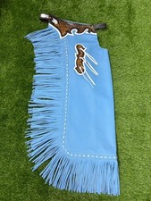 Handmade Sky Blue Hand-Tooled Leather Rodeo Chaps Custom Western Bull Riding