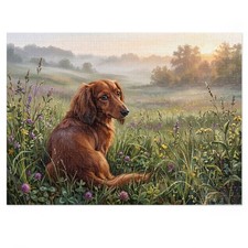 Longhaired Dachshund Sunrise Meadow Jigsaw Puzzle with Gift Tin