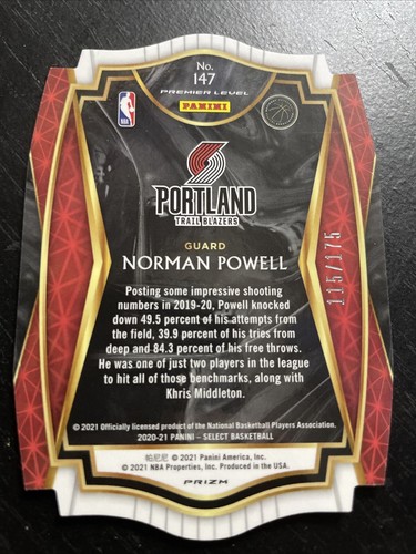 2020-21 Panini Select Norman Powell Premier Level Maroon Die-Cut /175 #147 - Picture 2 of 2
