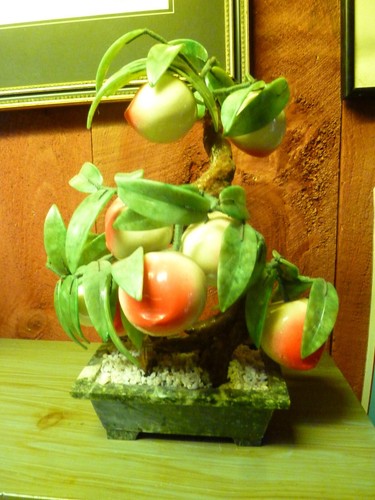 Vintage Chinese Carved Peach Tree Quartz Jade Like Leaves Bonsai Lucky Tree- 14"