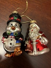 2 Blown Glass Ornaments Penguin In Suit And Santa Claus