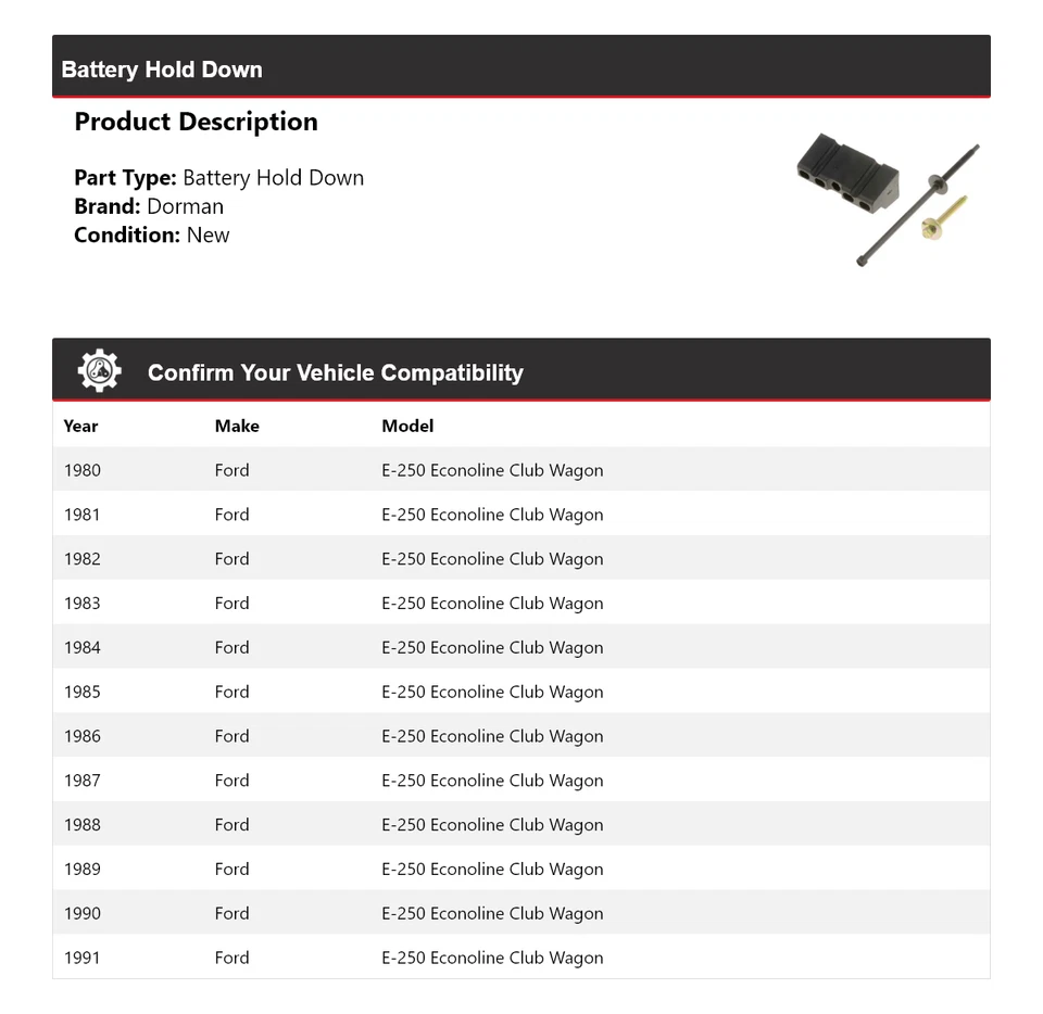 For 1980-1991 Ford E-250 Econoline Club Wagon Dorman Battery Hold Down 1981 1982 - Image 2 of 4