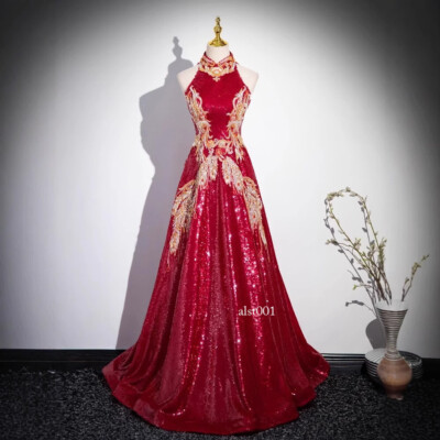 Wine Red Sequined Bridal Toast Dress Embroidered Formal Dress Slim Evening  Dress | eBay