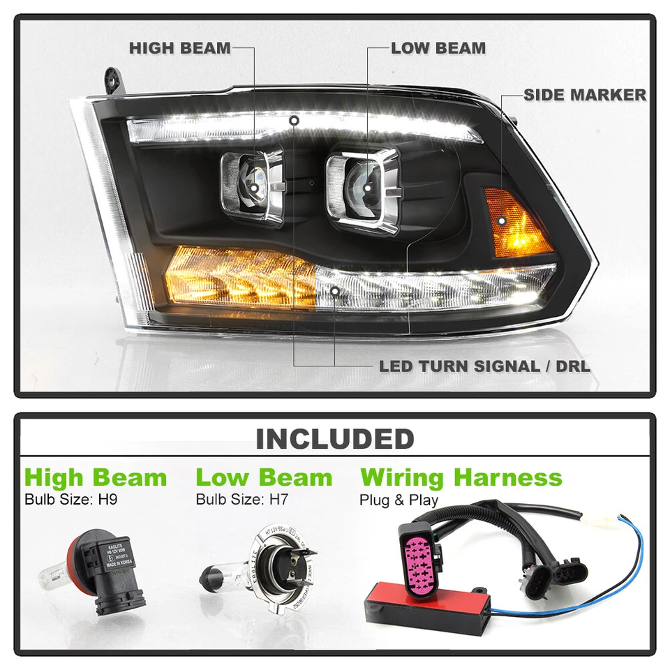 2009-2018 Dodge Ram 1500 2500 3500 Black LED DRL/Turn Dual Projector Headlights - Image 4 of 4
